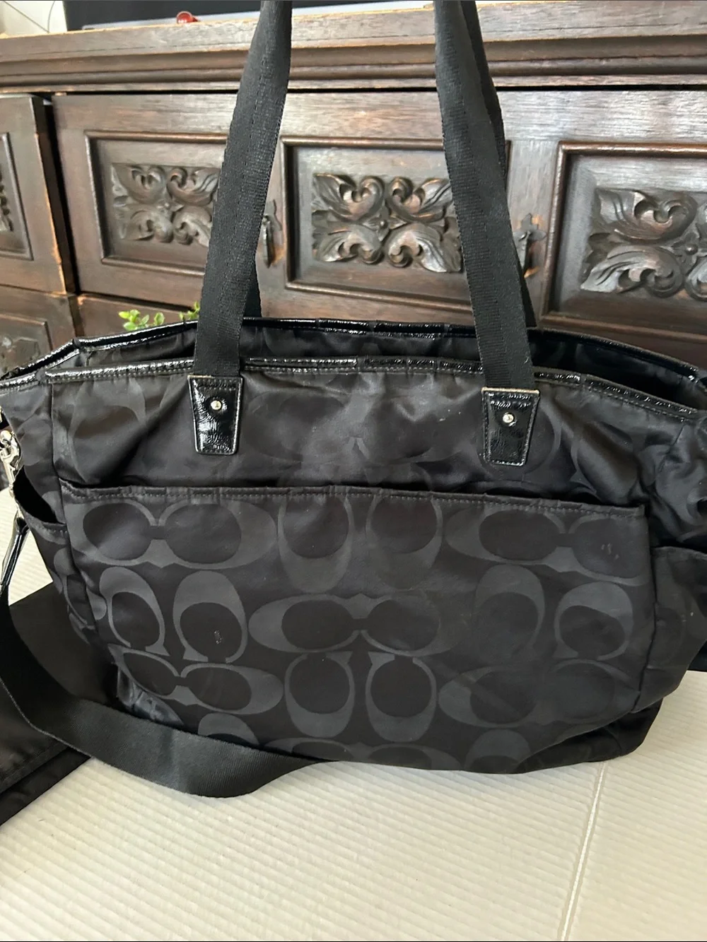 Coach Black Signature Nylon Messenger Bag with Changing Pad